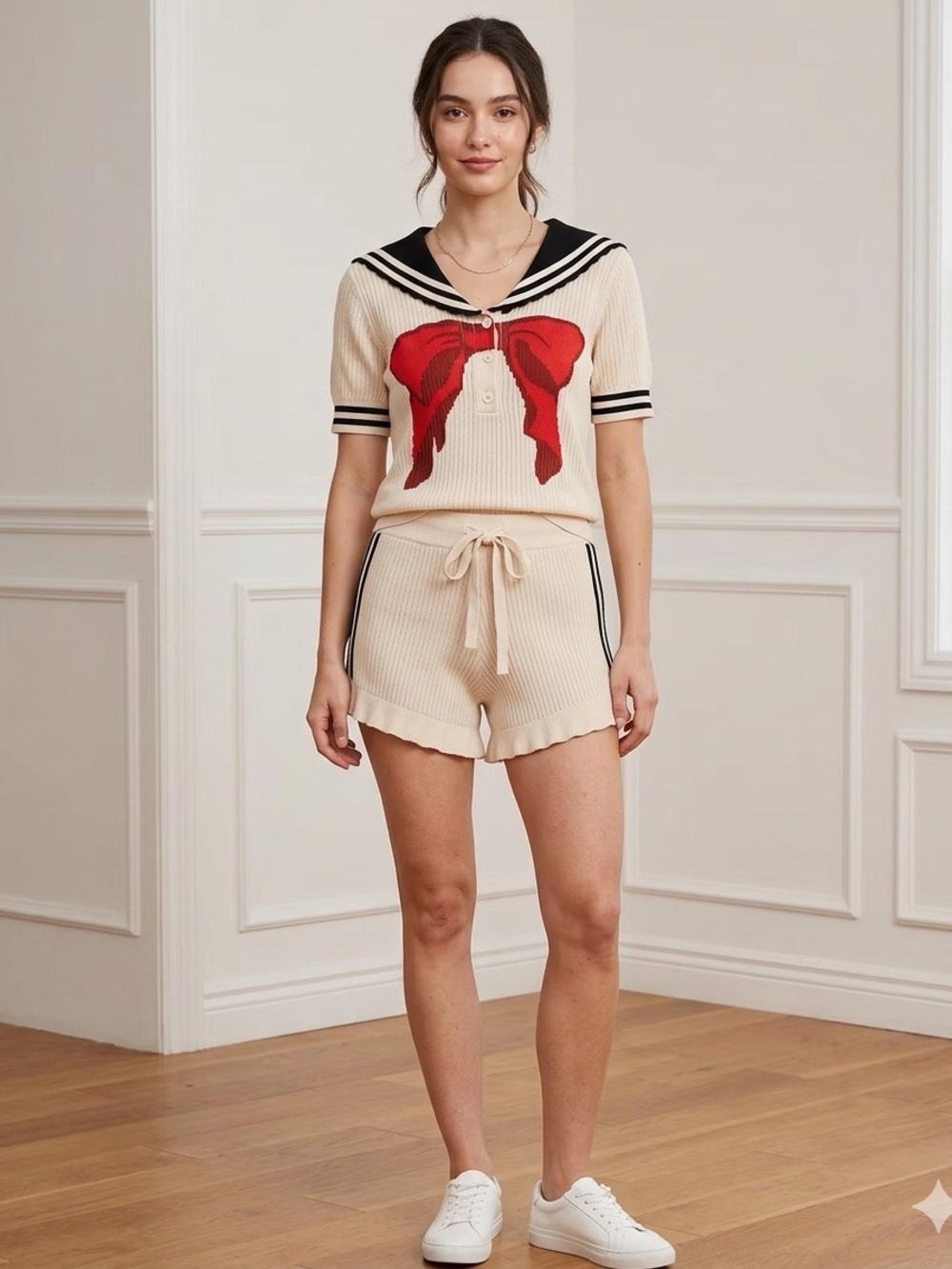 Cream Knit Sailor Top & Shorts Set with Red Bow